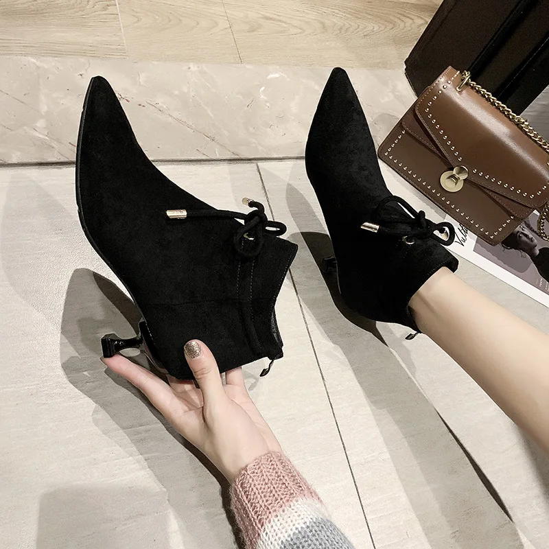 

D5331-6, 5331-6 Autumn And Winter 2019 New Style Short Boots Versatile Pointed-Toe Bow after Zipper Martin Boots Women's