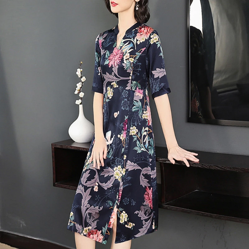 

Silk Women Dresses 2019 New Summer Half Sleeve High Quality Print Female Dresses Vintage Large Size Waist Long Dresses