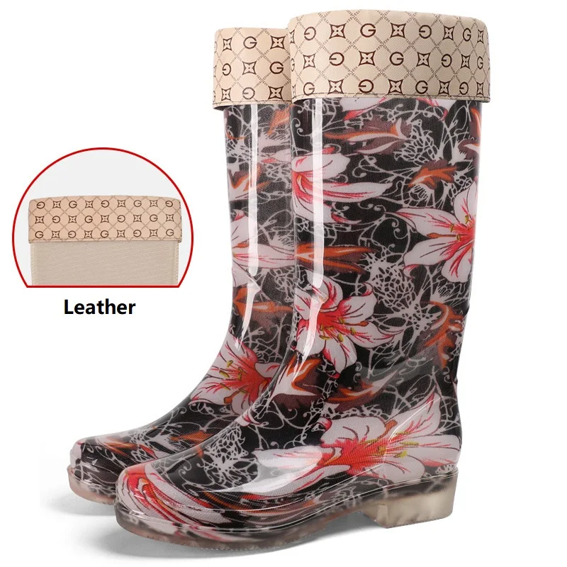 Flowers leather Новинка; непромокаемые сапоги в тропическом стиле; высокие резиновые сапоги; износостойкие высокие непромокаемые сапоги; нескользящие резиновые сапоги - Цвет: Flowers leather