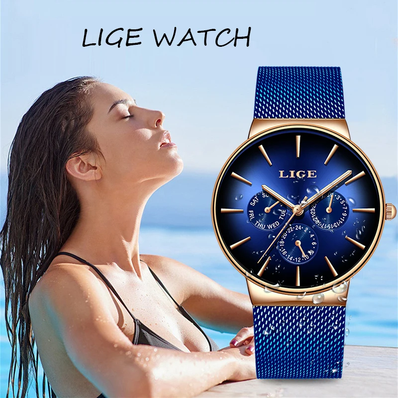 LIGE women watches Top brand luxury Sport Watch steel mesh Automatic