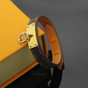 

Factory price wholesale V Leather Bracelet coffee pattern hanging lock head Bracelet 18K Gold Men's and women's Leather Bracelet