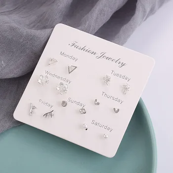 

2020 New Fashion Earrings for Women Silver Color Geometric Flower Crystal Earrings Jewelry Monday To Sunday 7 Pairs Earrings Set