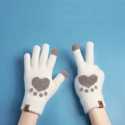 Autumn Winter Women's Gloves Touchscreen Cat Paw Pattern Warm Split Finger Glove Fleece Outdoor Cycling Driving Cold-Proof Glove
