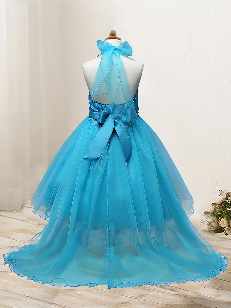 Платье для девочек; платье принцессы с бантом, блестками и бусинами; платье с цветком на плече; свадебное платье; детское платье с цветочным рисунком; детская рубашка