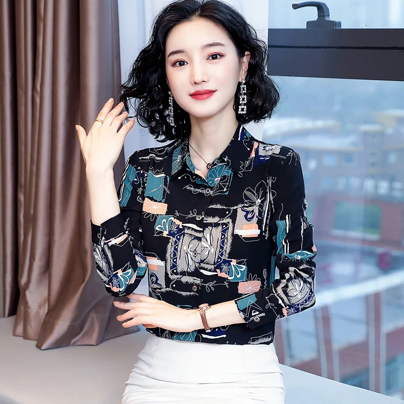 

Shirt Women's Vintage Hong Kong Flavor 2020 Early Spring New Style Fashion Printed Long Sleeve Chiffon Shirt Loose Sense of Desi