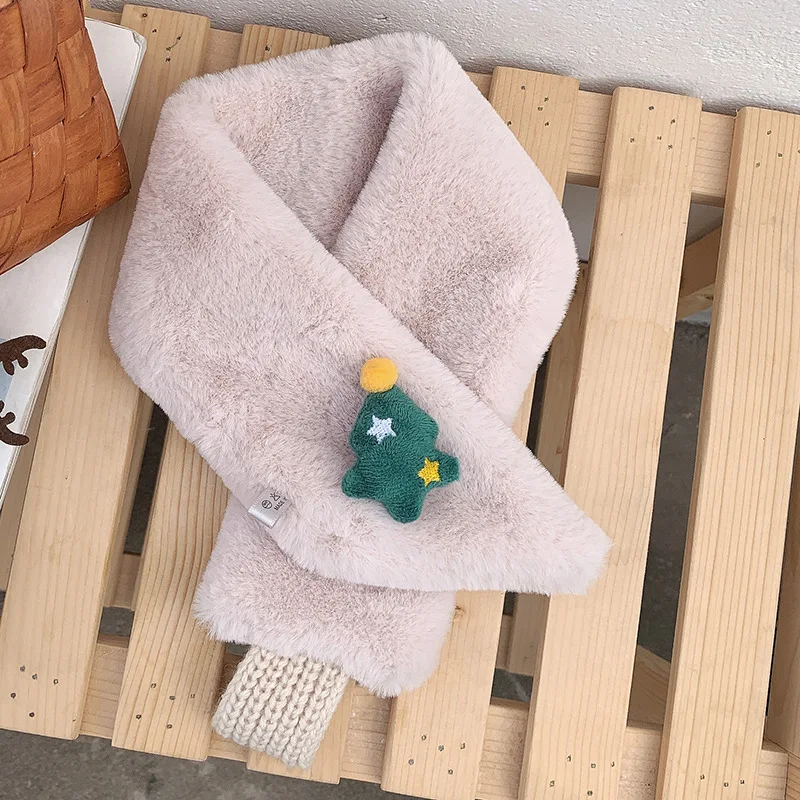 Beige-Tree Детский шарф из искусственного кроличьего меха OMEA, Рождественский шарф унисекс, детский теплый плюшевый шарф с Санта Клаусом, рождественский подарок для девочек - Цвет: Beige-Tree