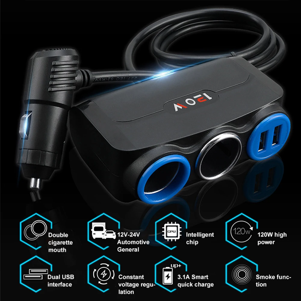 

Auto Vehicle Power Splitter Multi-functional High Power 120W One To Three Splitter Adapter Cigarette Lighter Car Charger BY291