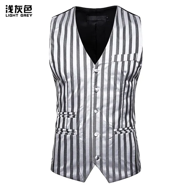 light gray Роскошный золотой костюм в полоску жилет Для мужчин модная одежда без рукавов, приталенная жилет Для мужчин вечерние Бизнес Свадебная жилетка жилет для Для мужчин - Цвет: light gray