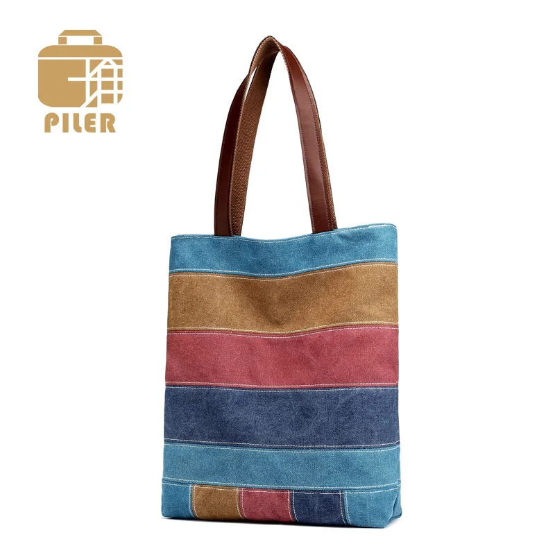 

Women Casual Canvas Striped Shopper Canvas Shoulder Bag Rainbow Prints Beach Bags Zipper Tote Large Fashion Messenger Handbag