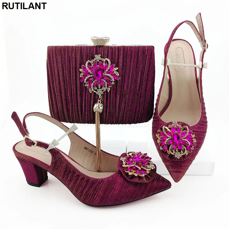 

Latest Design African Women Wedding Shoes and Bag Set Decorated with Rhinestone Ladies Sandals with Heels Buckle Heel Sandals