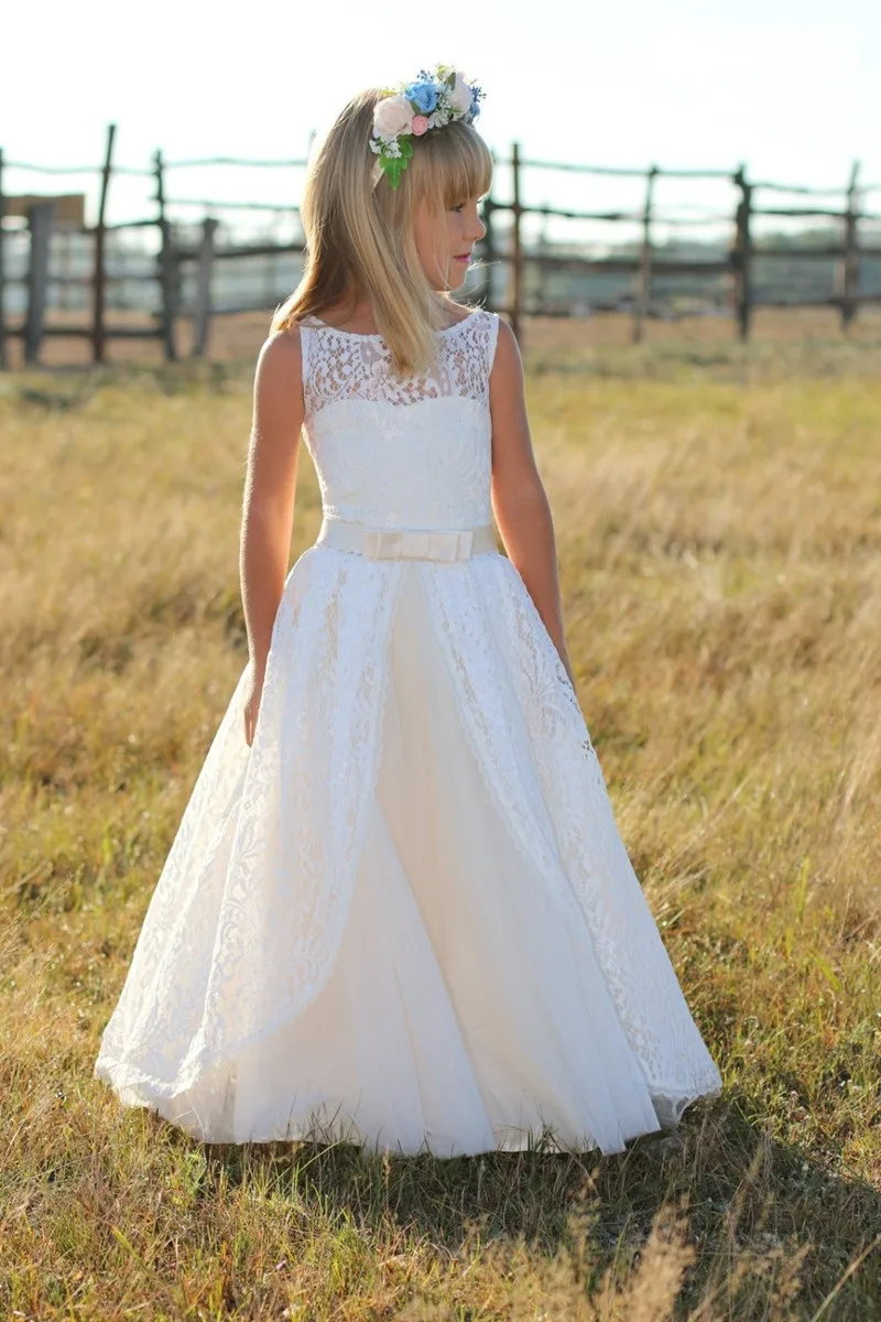 Платья для первого причастия для девочек; vestidos de Comunion Casamento; элегантные длинные кружевные платья без рукавов с цветочным узором для девочек