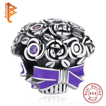 

Wholesale 925 Sterling Silver Flower Bouquet Purple Enamel Charm Bead Fit Original Pandora Bracelet Women Jewelry Making Gift