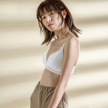 

Sexy Triangular Cup, Flower Lace Bra French Thin Cup, Wireless, Small Breasts, Seamless, Comfortable Lingerie, Women, White