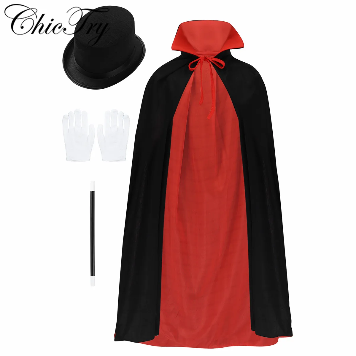 Kids Children Magician Cosplay Costume Halloween Waistcoat Cape Hat Magic Wand Gloves Set for Role Play Choir Jazz Dance Stage |