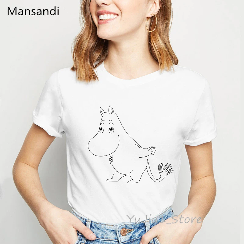 Moomins футболка с мультяшным принтом Женская harajuku kawaii одежда Забавные футболки femme корейский стиль модная футболка женская уличная одежда