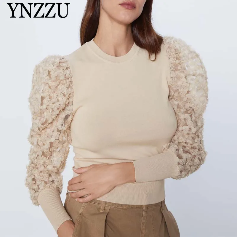 Женский Длинный свитер с пышными рукавами, новинка круглый вырез, свободный женское вязаный пуловер, топы на осень и весну YNZZU YT756 шикарный винтажный