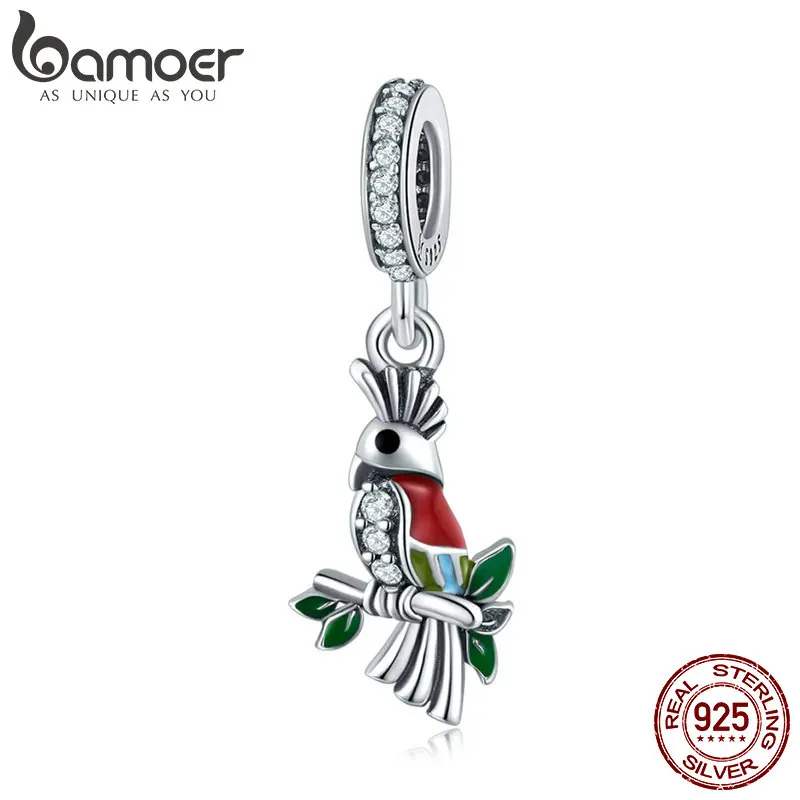 BAMOER 100% Серебро 925 пробы яркие подвески с разноцветным кристаллом в виде попугая для браслетов и ожерелий DIY