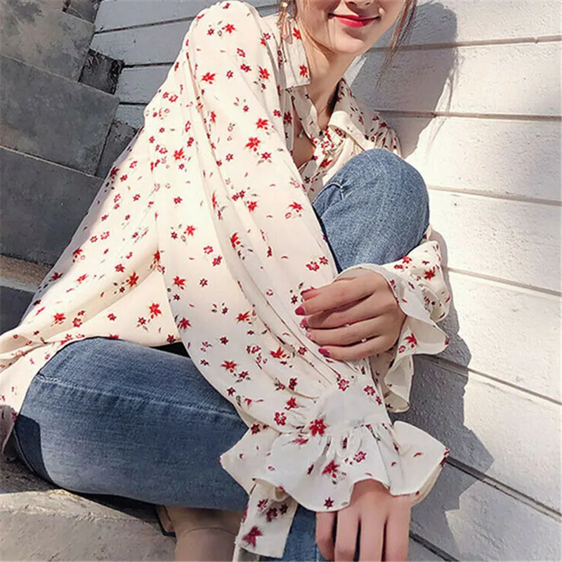 

Women Autumn Shirts Female Chiffon Drawstrings turn down Neck Multicolor Ditsy Floral Print Long Puff Sleeve Casual Loose Blouse