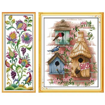 

2 Set DIY Handmade Needlework Cross Stitch Set Embroidery Kit 14CT Cabin Pattern 34 x 43cm & Beautiful Flowers 19x47cm