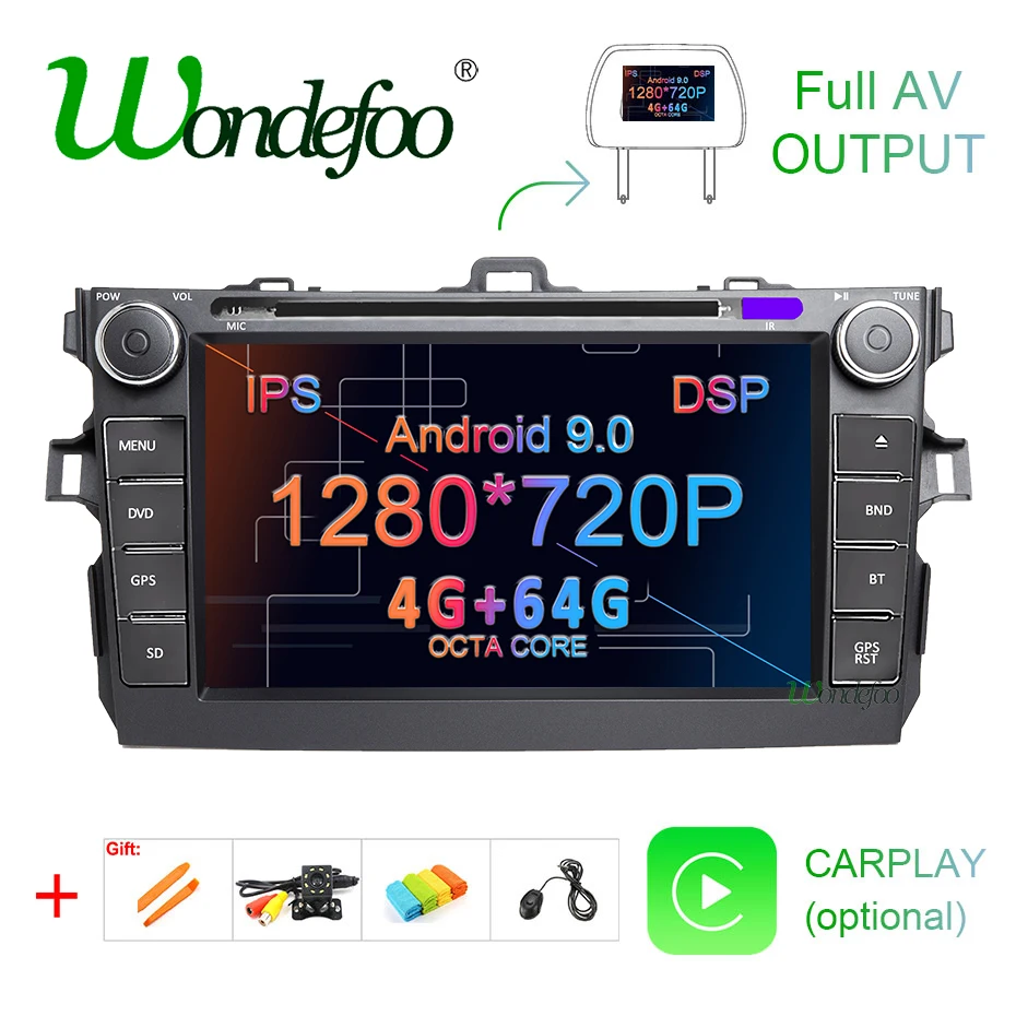 DSP ips экран 4G 64G Android 9,0 AV выход автомобильный dvd-плеер для Toyota corolla 2007 2008 2009 2010 2011 gps навигация ПК