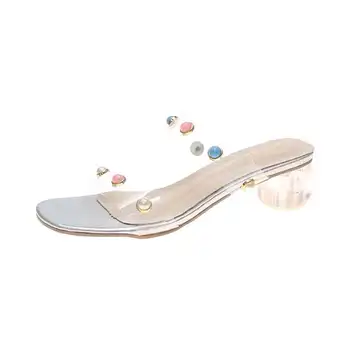 

Sandals for women wear new fashionable and versatile women's thick heel rivet transparent crystal high heel half slippers