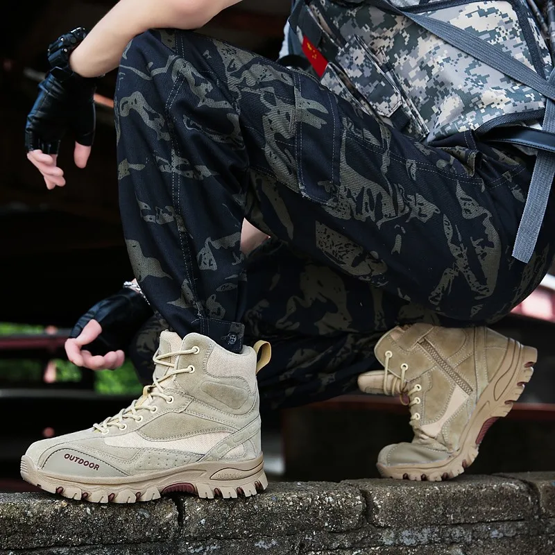Высокие кожаные дышащие Нескользящие Военные боевые тактические Сапоги Спортивная подготовка на открытом воздухе скалолазание пустыня Пешие прогулки обувь для мужчин