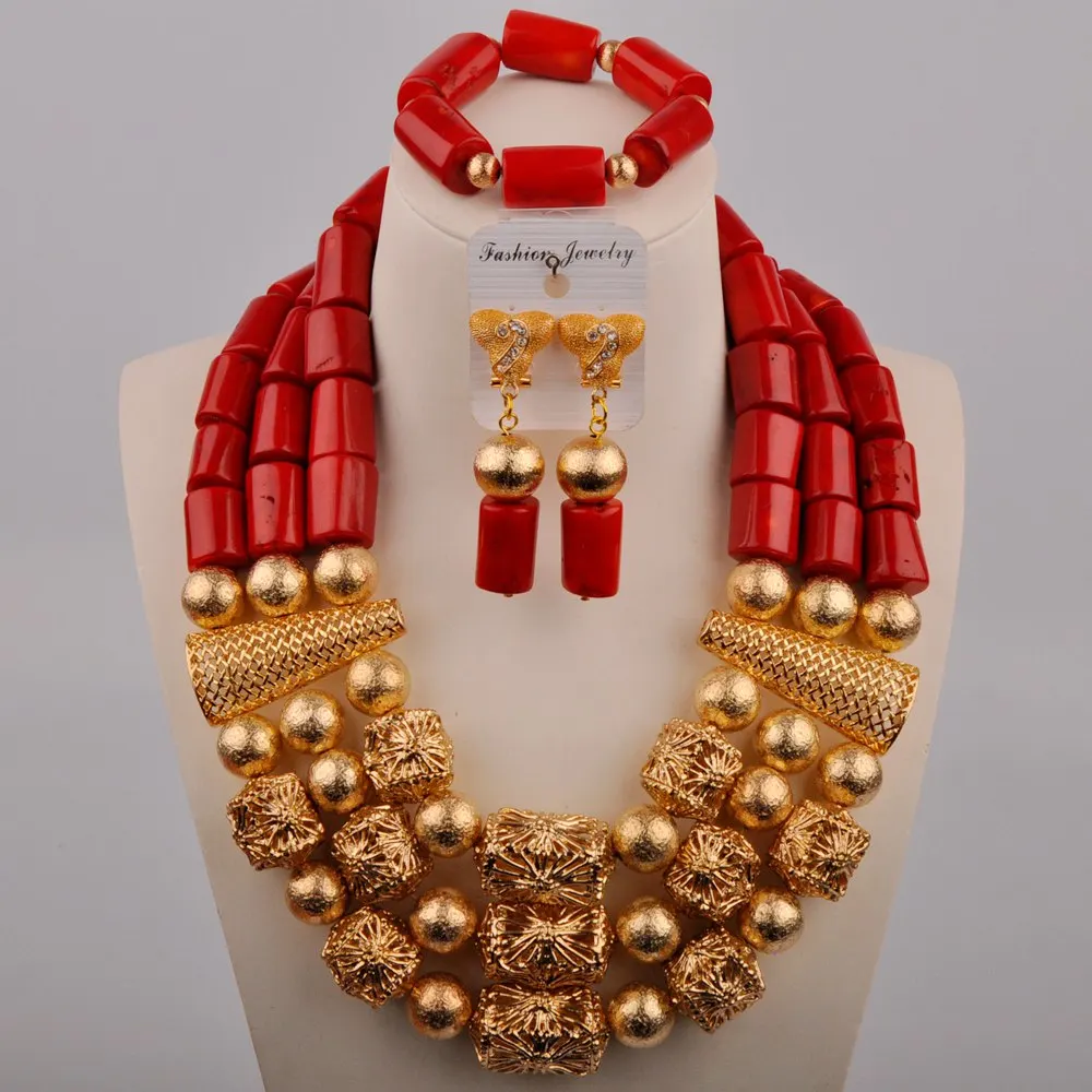 

African Wedding Set Red Coral Beads Nigerian Coral Necklae Jewelry Set Bride Set