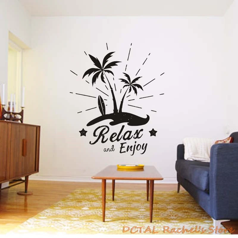Surf Relax and Enjoy Tropical Island Sticker Palm Silhouettes Home Decor Vinyl Decal Coconut Tree Living Room Bedroom