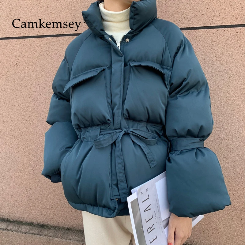 CamKemsey толстые теплые зимние пальто женские корейские повседневные большие карманы стоячий воротник Регулировка талии вниз хлопок мягкие зимние куртки