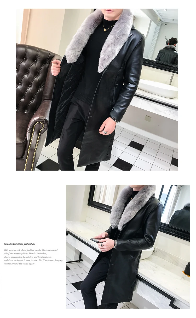 Chaqueta Cuero Hombre, большой меховой воротник, мужской Тренч из искусственной кожи, мужские пальто, новинка, роскошный жилет, Homme, облегающие длинные пальто