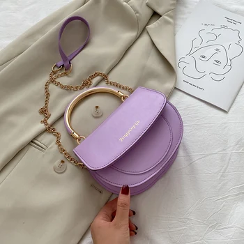 

Women Solid Color Crossbody Bags Chain PU Leather Travel Pouch Semicircle Circle Ring Handle Female Small Shoulder bag