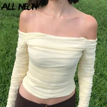 ALLNeon Vintage 90s Off Shoulder Ruched Mesh Crop Tops Streetwear Flare Sleeve Yellow T-shirts Fashion Tees Autumn 2021 Chic