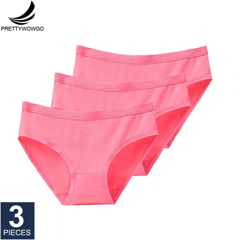 watermelon red Prettywowgo 3 шт./партия, Новое поступление, женское нижнее белье, хлопковые трусы, 8 однотонных цветов, трусы, большие размеры M L XL XXL 3XL 008 - Цвет: watermelon red