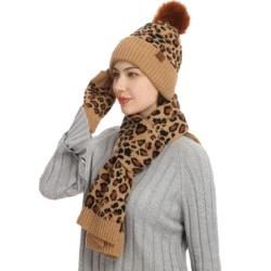 European and American autumn and winter knitted hat set new female leopard warm thickened wool hat scarf gloves three piece set