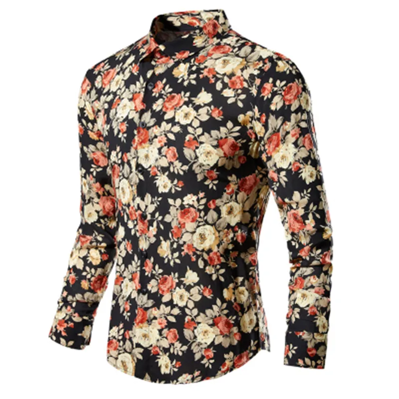 Men's Shirts Retro Floral Printed Man Casual Slim Shirt Fashion Classic Men Dress Shirt Men's Long Sleeve Brand Clothing - Color: NO.7