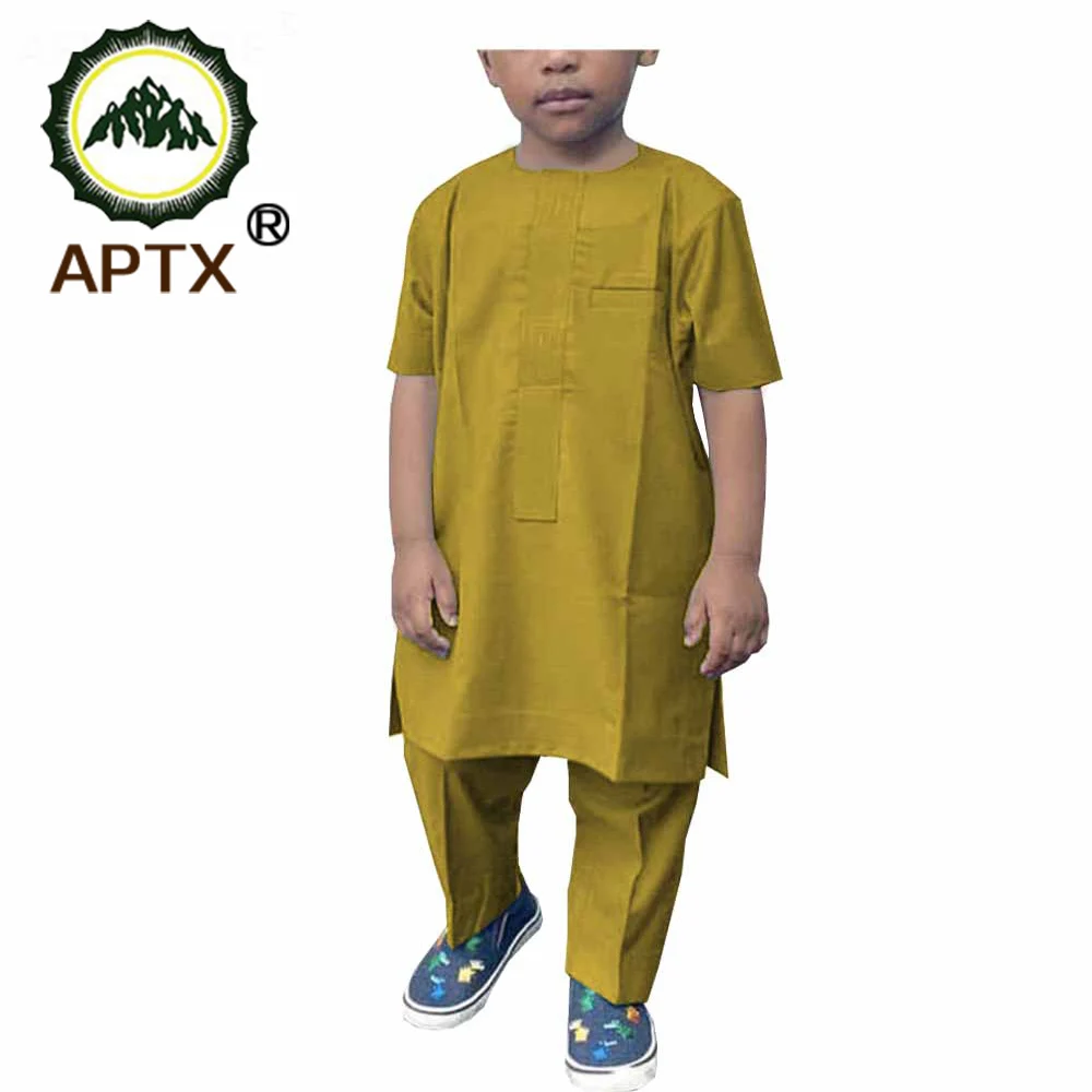 

African Suit for Boy's Church Style Short Sleeves Shirt+Full Length Pants 100% Cotton Material Casual A194007