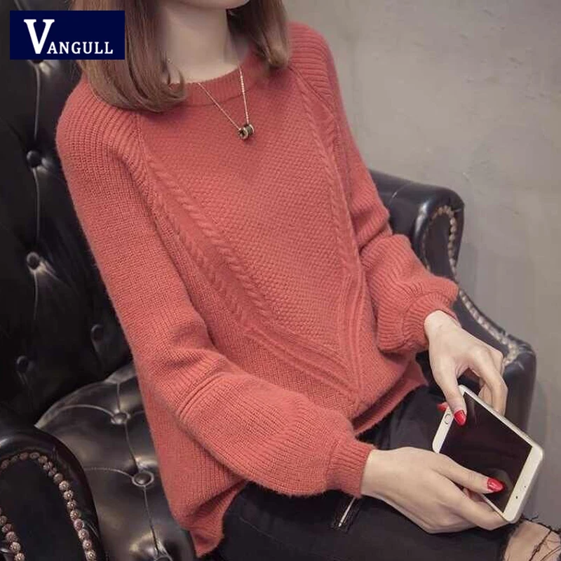 Rusty red Vangull Женский вязаный свитер Весна Осень эластичный Однотонный свитер женский вязаный свитер с длинным рукавом и круглым вырезом женские пуловеры - Цвет: Rusty red