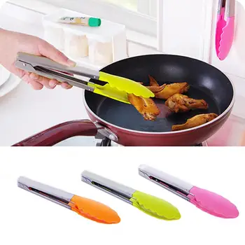 

New Silicone Cooking Salad Stainless Steel Handle Serving BBQ Tongs Kitchen Utensil