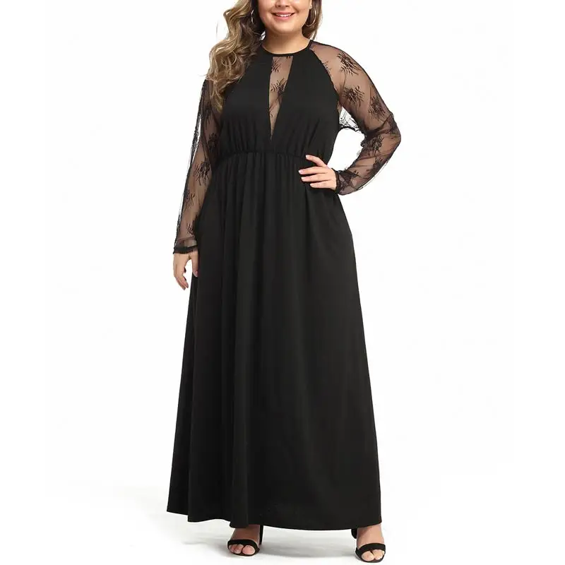 MISSJOY XL-5XL осеннее женское платье повседневное с длинными рукавами сексуальные сетчатые с выемкой лоскутное кружево черный женский халат вечерние элегантные Плать - Цвет: Black