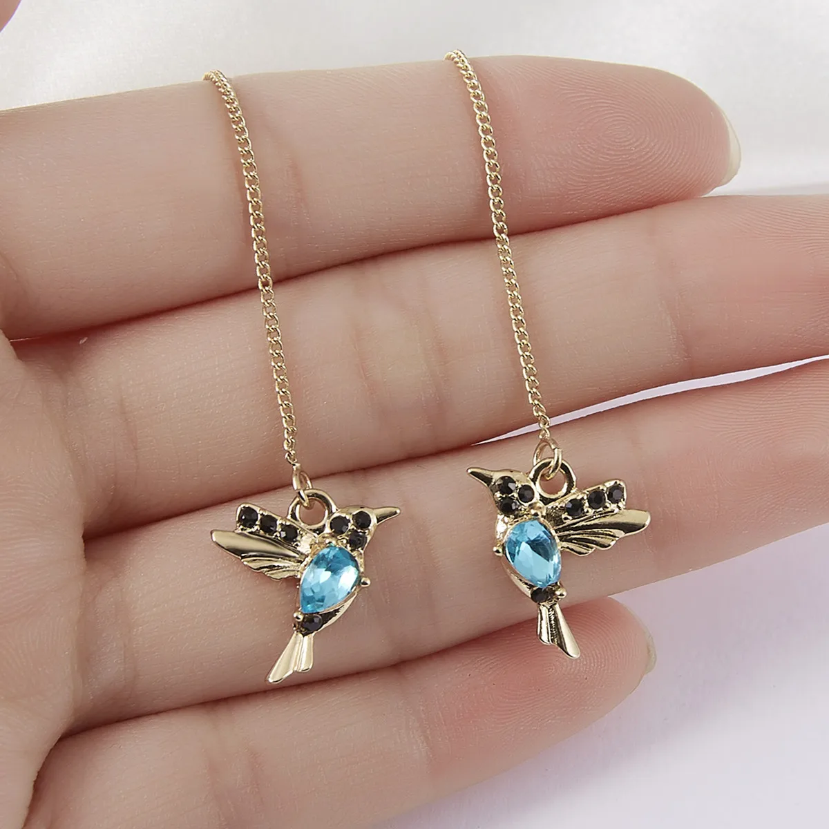 Drop earrings, dangle earrings, crystal earrings, crystal tassel earrings-Red Blue Crystal Birds Long Tassel Drop Earrings, Bird Vintage Animal Design, Hummingbird Earrings Pendant Jewelry