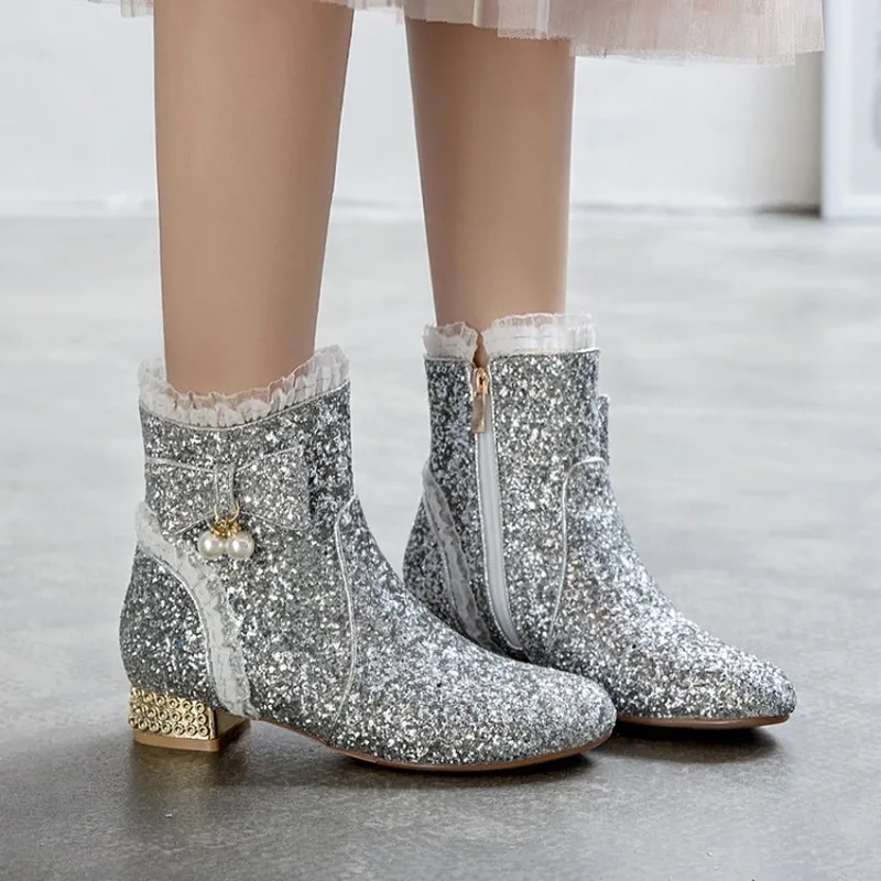 

US4-11 Womens Sequins Bling Ankle Boots Bowknot Lace Pearls Block Chunky Low Heel Side Zip Shoes Gold Sliver Pink Plus Size