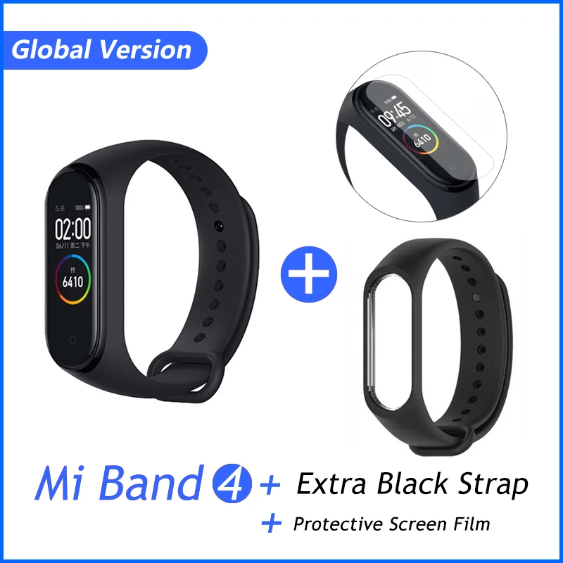 GB black film Xiaomi Mi группа 3 4 глобальная Версия смарт-Браслет фитнес-браслет часы 3 большой сенсорный экран сообщение время сердечно - Цвет: GB black film