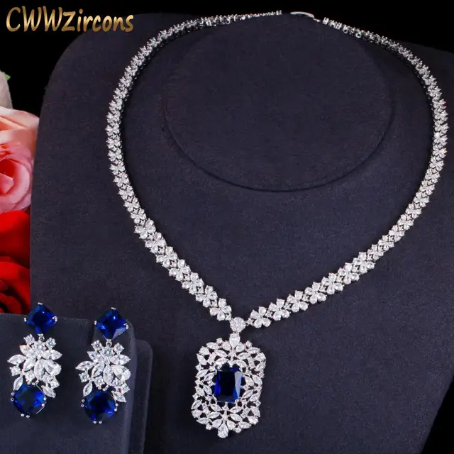 Buy OnlineCWWZircons Shiny White Gold Color Royal Blue CZ Stone Women Luxury Wedding Necklace and Earrings Jewelry Set for Brides.