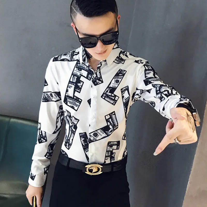 Рубашки мужские платья с длинным рукавом Повседневные рубашки Chemise Homme с буквенным принтом облегающие уличные рубашки мужская одежда