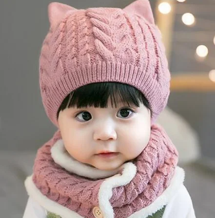 Зимний Теплый детский шарф с кошачьими ушками, хлопковые вязанные шапочки для малышей, милая удобная одежда, аксессуары для детей 1-4 лет - Цвет: Розовый