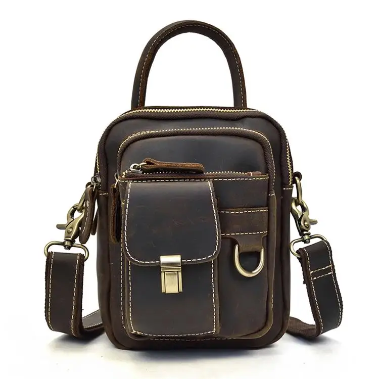 Dark Brown Luufan мини-сумка Crazy Horse из натуральной кожи Мужская маленькая сумка на плечо из воловьей кожи с карманами на молнии многофункциональная сумка-мессенджер - Цвет: Dark Brown