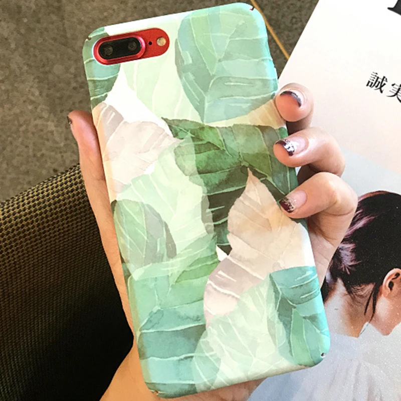 

Simple Leaf Painting Scrub Green Plants Phone Case for iPhone 6 6s 7 8 Plus X Xs XR Xs Max Hard PC Back Cover