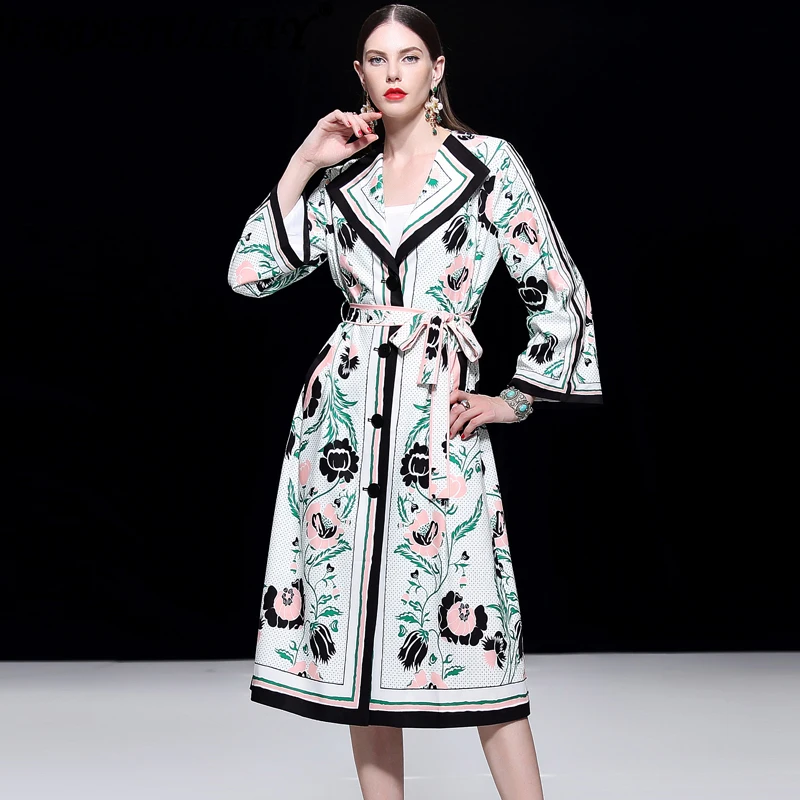 

Vintage Trench 2020 New Spring Fashion Ethnic Coat Long Sleeve Flowers Print V-Neck Single Breasted Slim Belt Hot Sale Long Coat