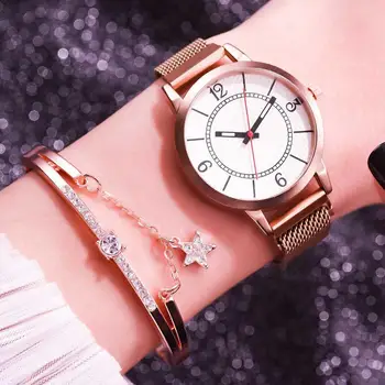 

Luxury 2pcs Set Women Watches Rose Gold Bracelet Mesh Rhinestones Magnet Quartz Wristwatch Ladies Female Arabic Numerals Watch