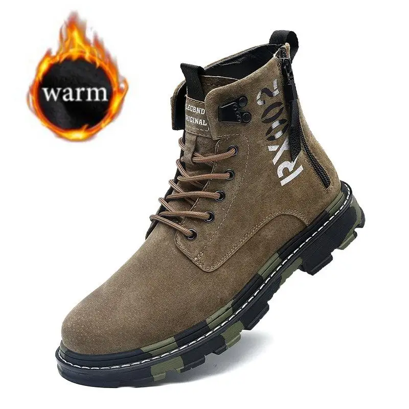 New Genuine Leather Shoes Men Boots Martin Boots Motorcycle Shoes Autumn Winter Shoes Lover Snow Boots Camouflage Big Size - Color: ArmyGreen plush